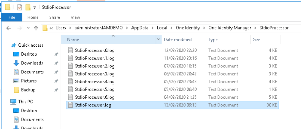 File Home StdioProcessor Share Users administrator.lAMDEMO App Data Local One Identity Date modified 12/02/2020 22:20 11/02/2020 23:16 07/02/20201815 06/02/2020 2042 05/02/2020 23:43 05/02/2020 0640 04/02/2020 13/02/20200•13 One Identity Manager Stdioprocessor Quick access Desktop Downloads Documents Pictures Backup This pc Desktop 8 Documents Name StdioProcessor.0.log StdioProcessor.1.log Stdi0Processor.2.log StdioProcessor,3.log StdioProcessorA.log StdioProcessor.5.log Stdi0Processor.6.log StdioProcessor,log Type Text Document Text Document Text Document Text Document Text Document Text Document Text Document Text Document Size 30 KB 